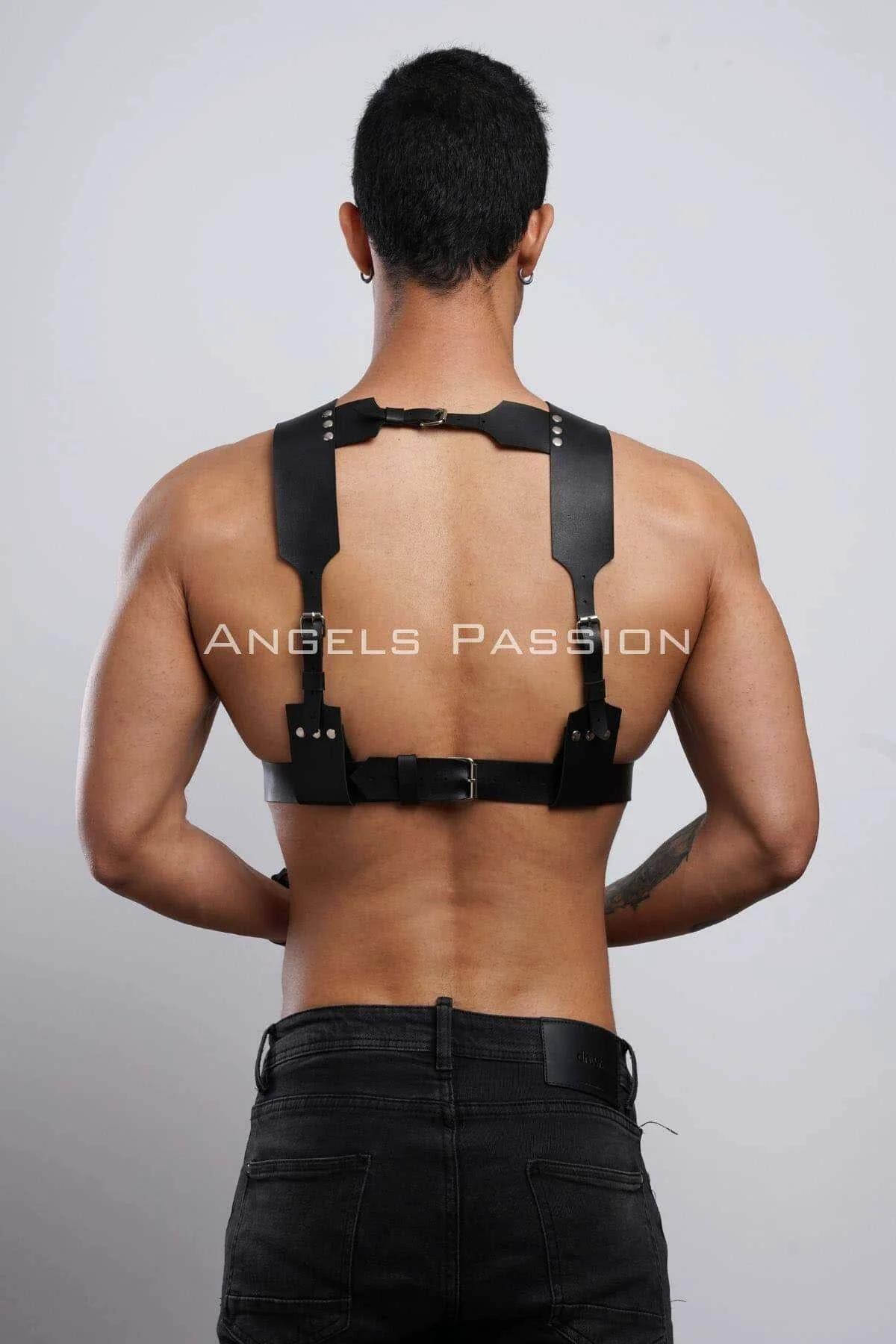 Men's Leather Harness Chest with Studs and Detachable Cuffs