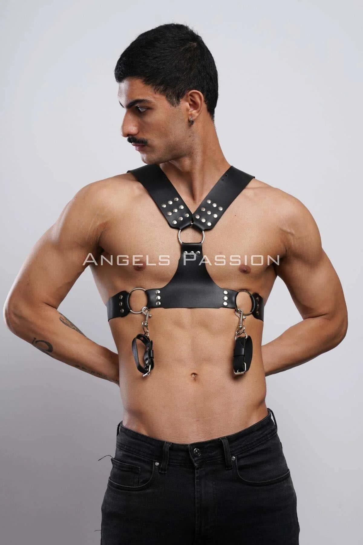 Men's Leather Harness Chest with Studs and Detachable Cuffs