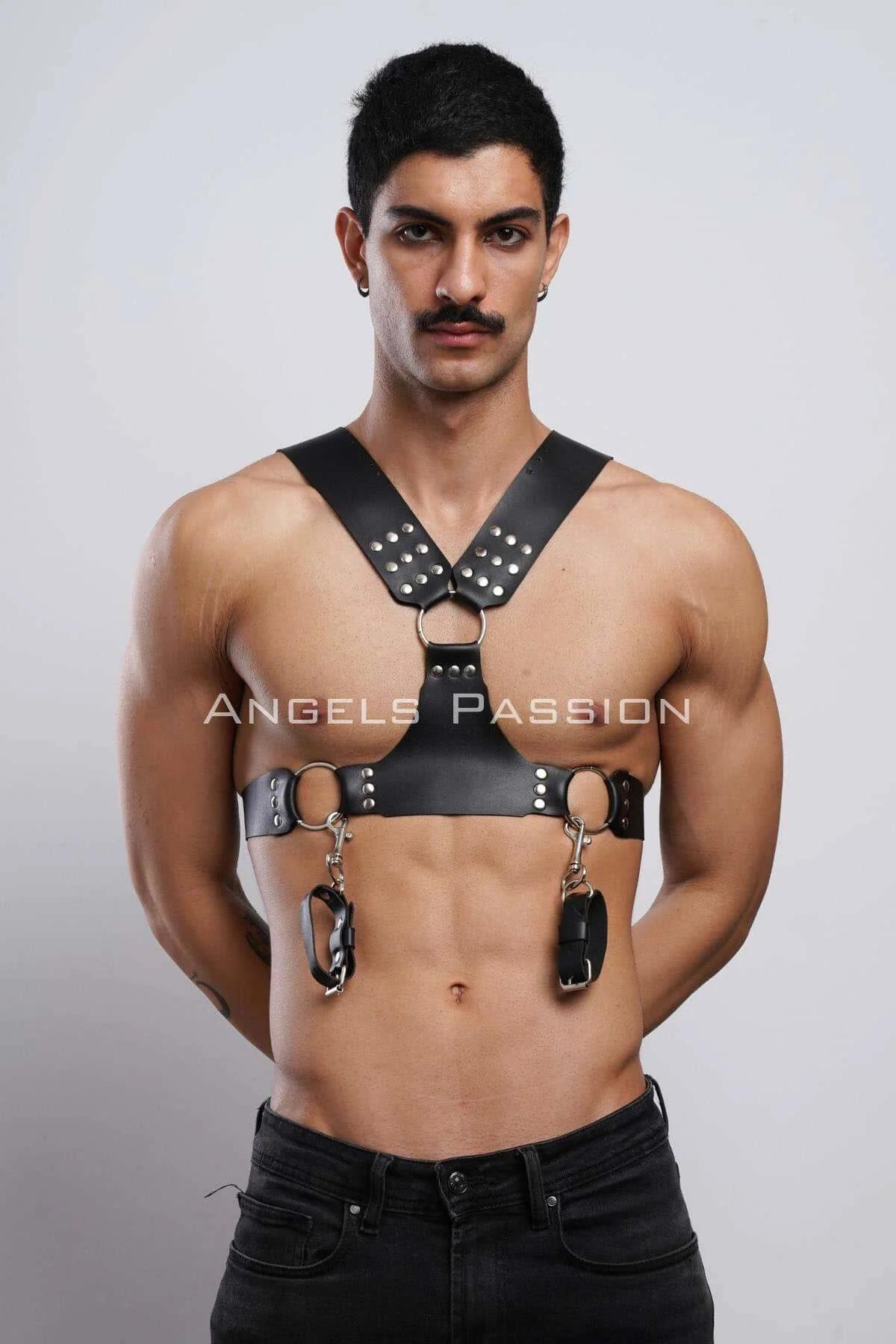 Men's Leather Harness Chest with Studs and Detachable Cuffs