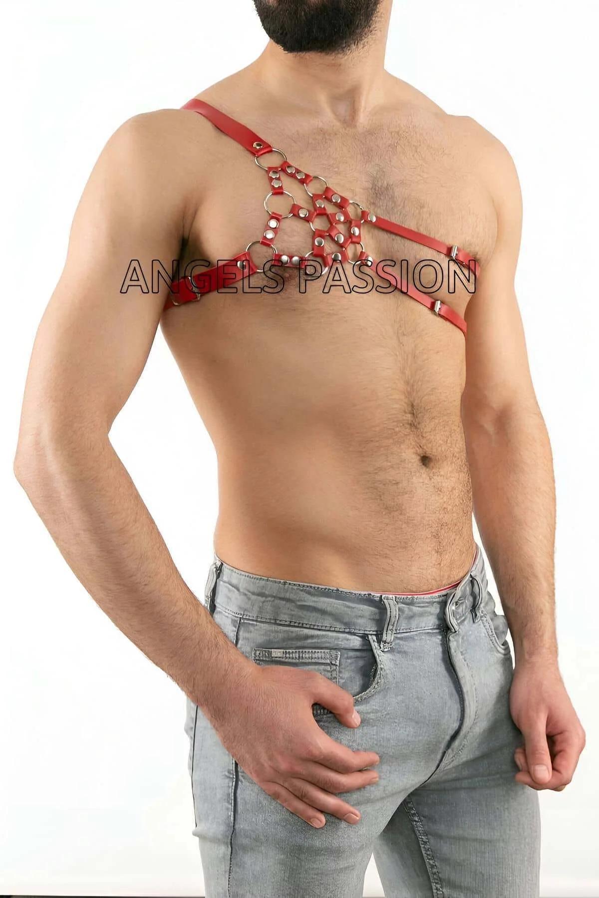 Men's Harness Red Faux Leather Single Shoulder Adjustable