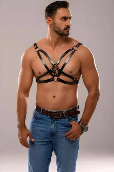 Men's Chest Harness Front View Black Faux Leather Crisscross Design with Central O-Ring Hardware