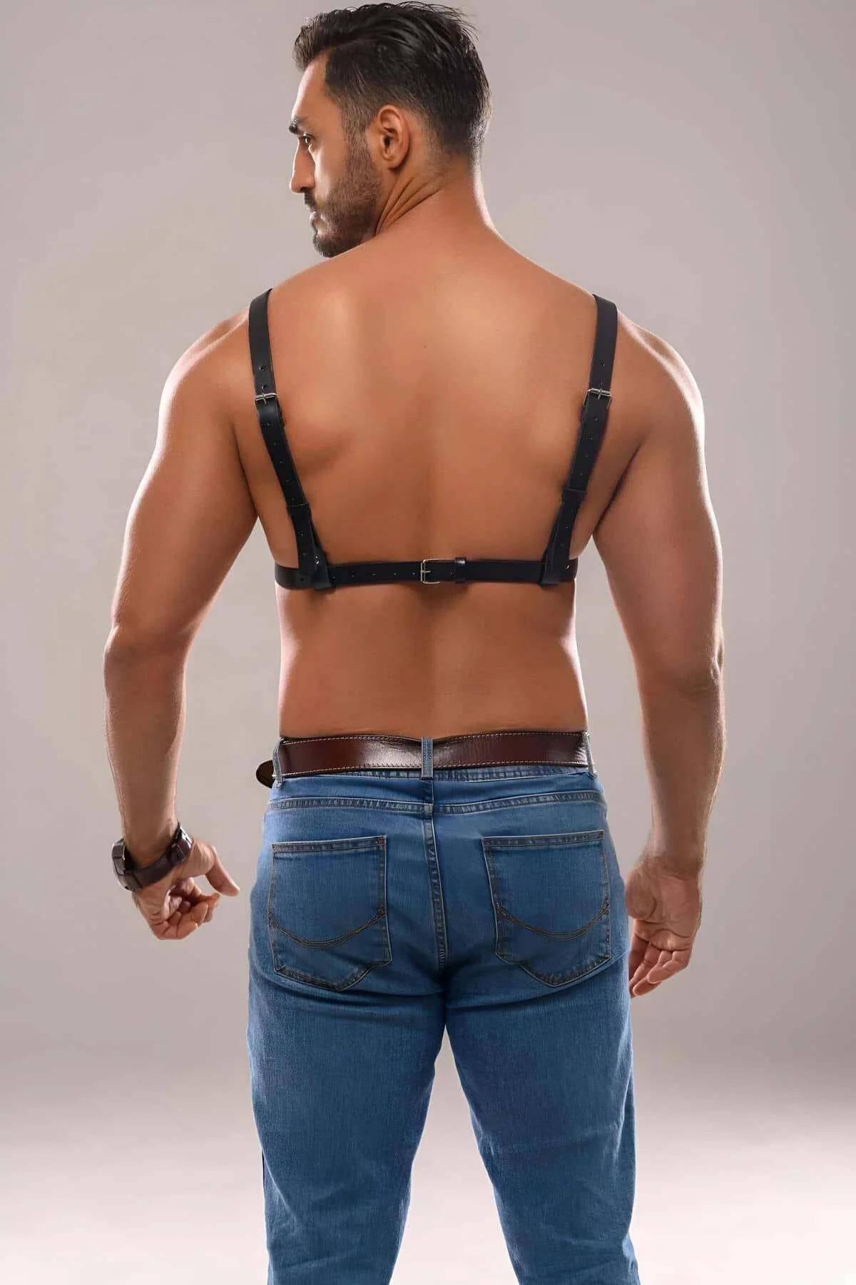 Close-Up Detail Black Faux Leather Strap Silver O-Ring Hardware Men's Chest Harness Back View