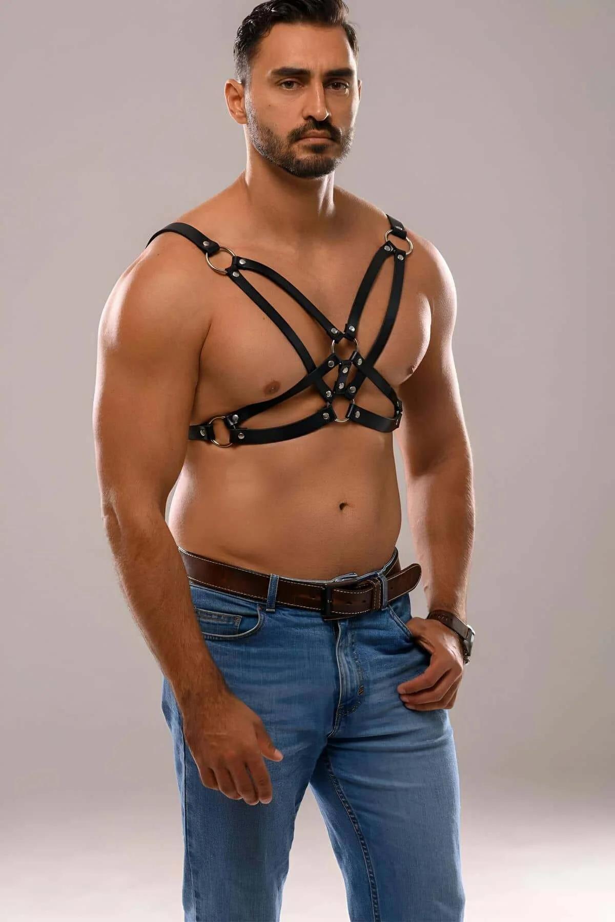 Side Profile Men's Chest Harness Worn with Blue Jeans and Belt in Black Leather with Central O-Ring Hardware