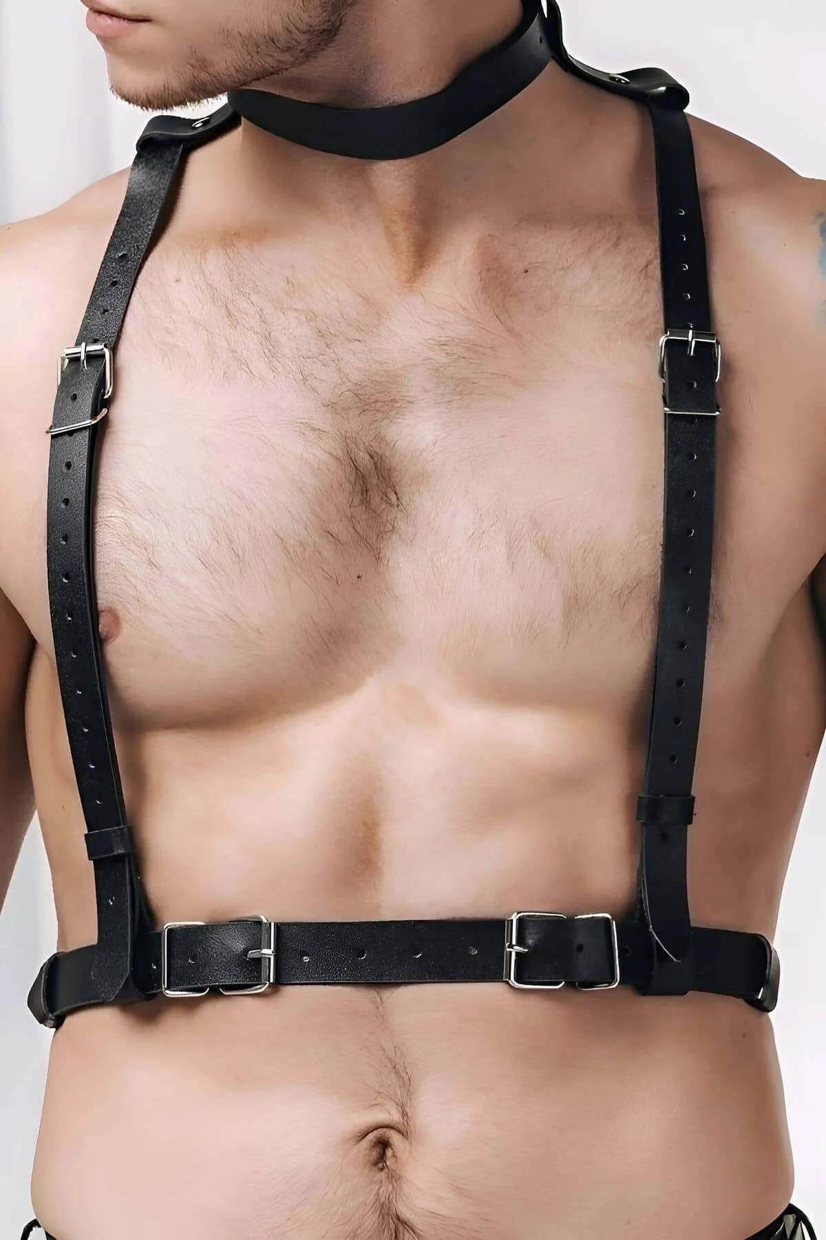 Men's Leather Harness Adjustable Body Chest Straps with Collar