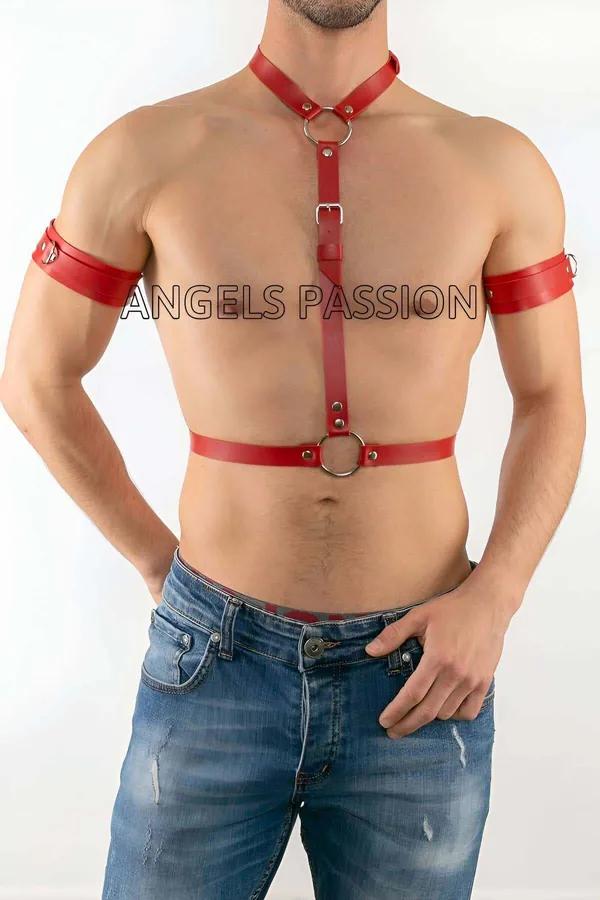 Mens Red Faux Leather Body Harness with Armbands