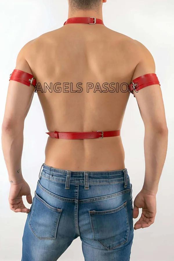 Mens Red Faux Leather Body Harness with Armbands