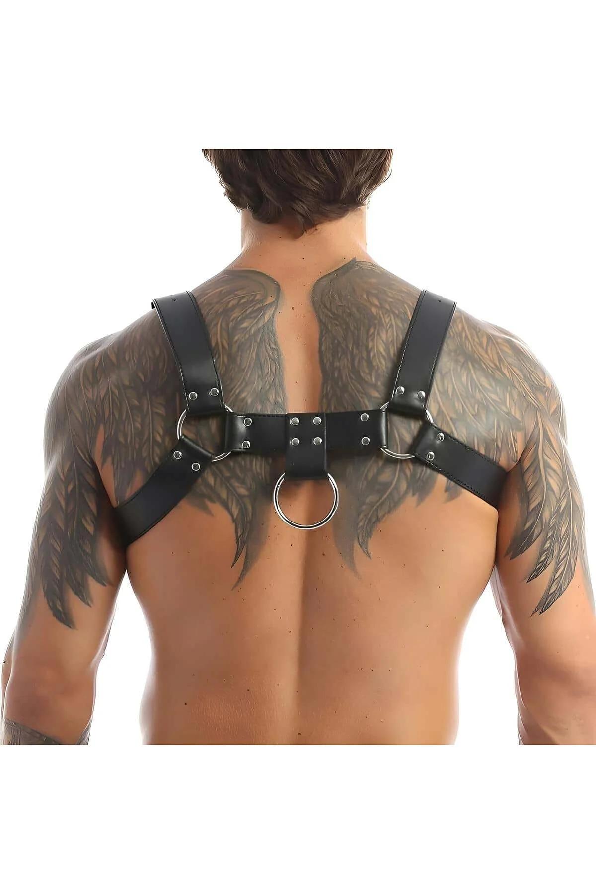 Men's Leather Harness with Adjustable Straps & O-Ring
