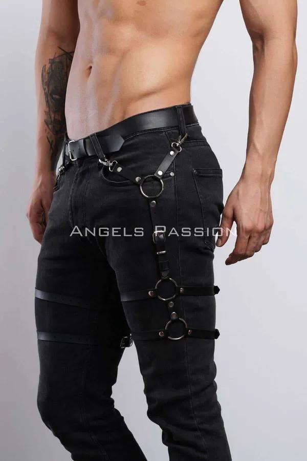 Men's Adjustable Leather Leg Harness Accessory for Jeans