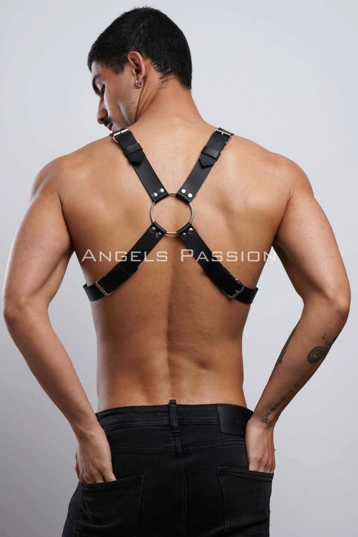 Men's Leather Harness with Adjustable X-Back and O-Ring