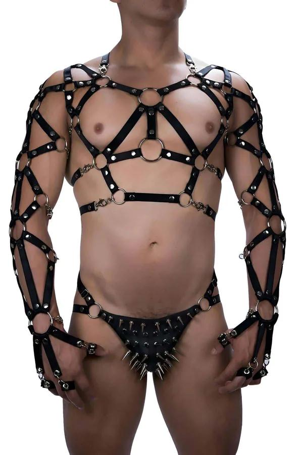 Mens Leather Full Body Harness with Spiked Thong Set