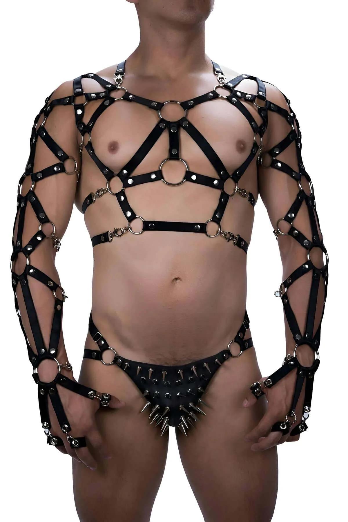 Mens Leather Full Body Harness with Spiked Thong Set