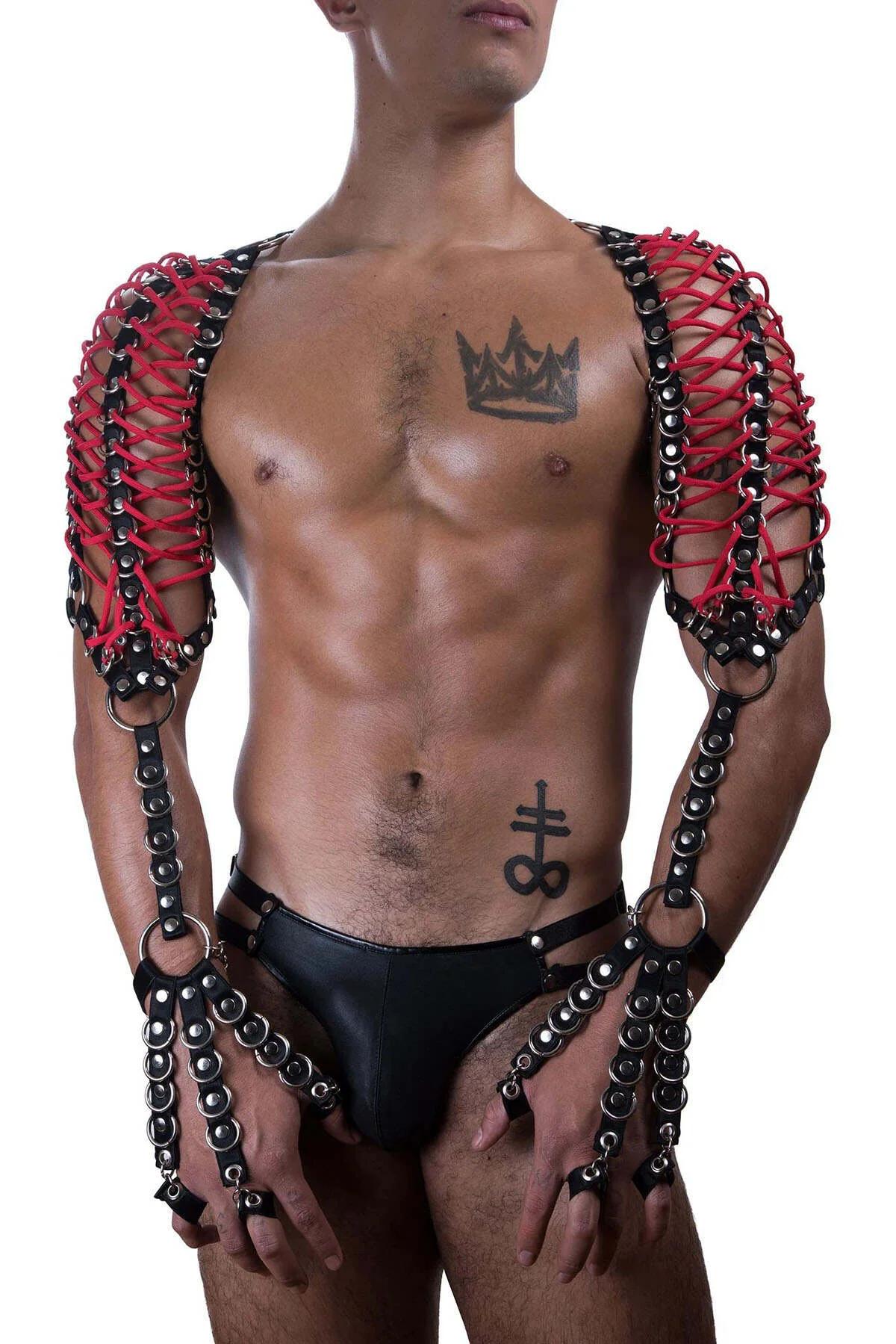 Men's Harness Back View Red Cord and Black Chain Structure with Shoulder Straps and Finger Cuffs