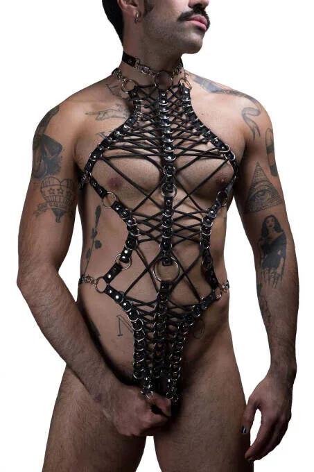 Black Faux Leather Full Body Harness Men Geometric Crisscross Straps O-Ring Hardware