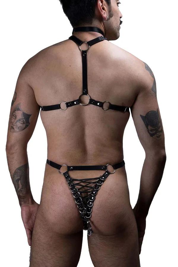 Black Faux Leather Full Body Harness Men Geometric Crisscross Straps O-Ring Hardware