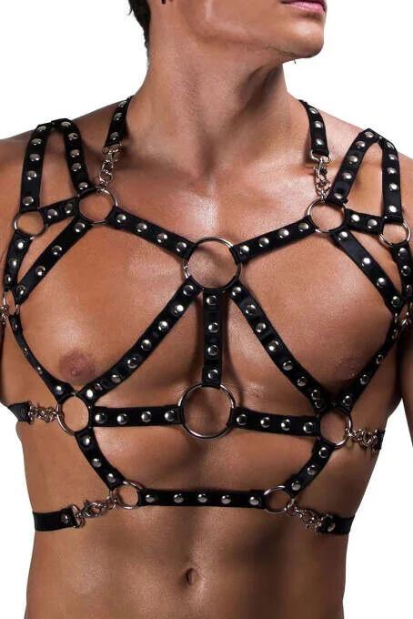 Men's Studded Chest Harness - Bold Adjustable Leather Look