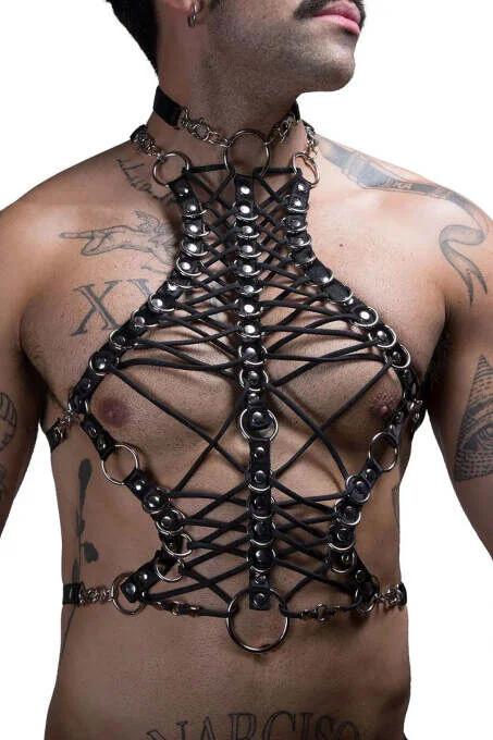 Men's Leather Chest Harness with Adjustable Straps and Collar