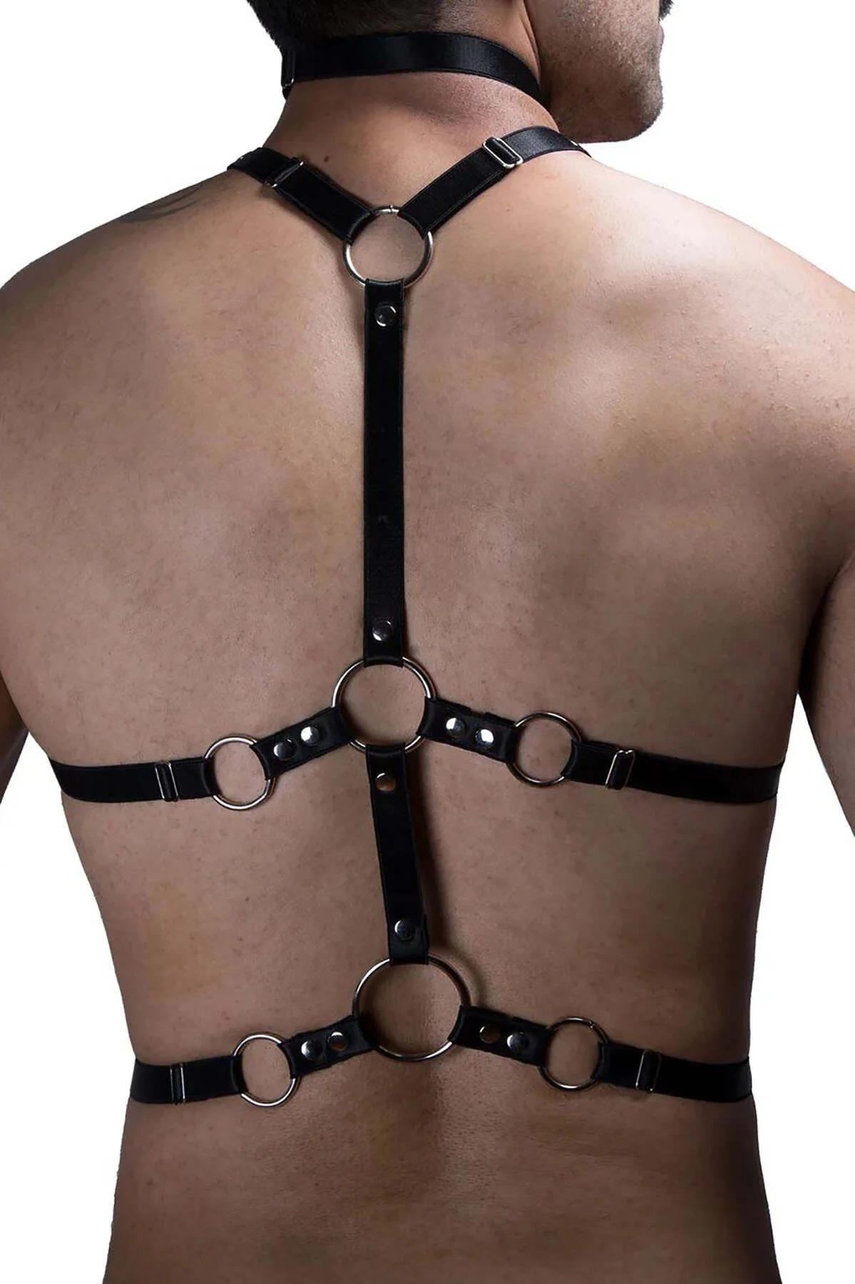 Men's Leather Chest Harness with Adjustable Straps and Collar