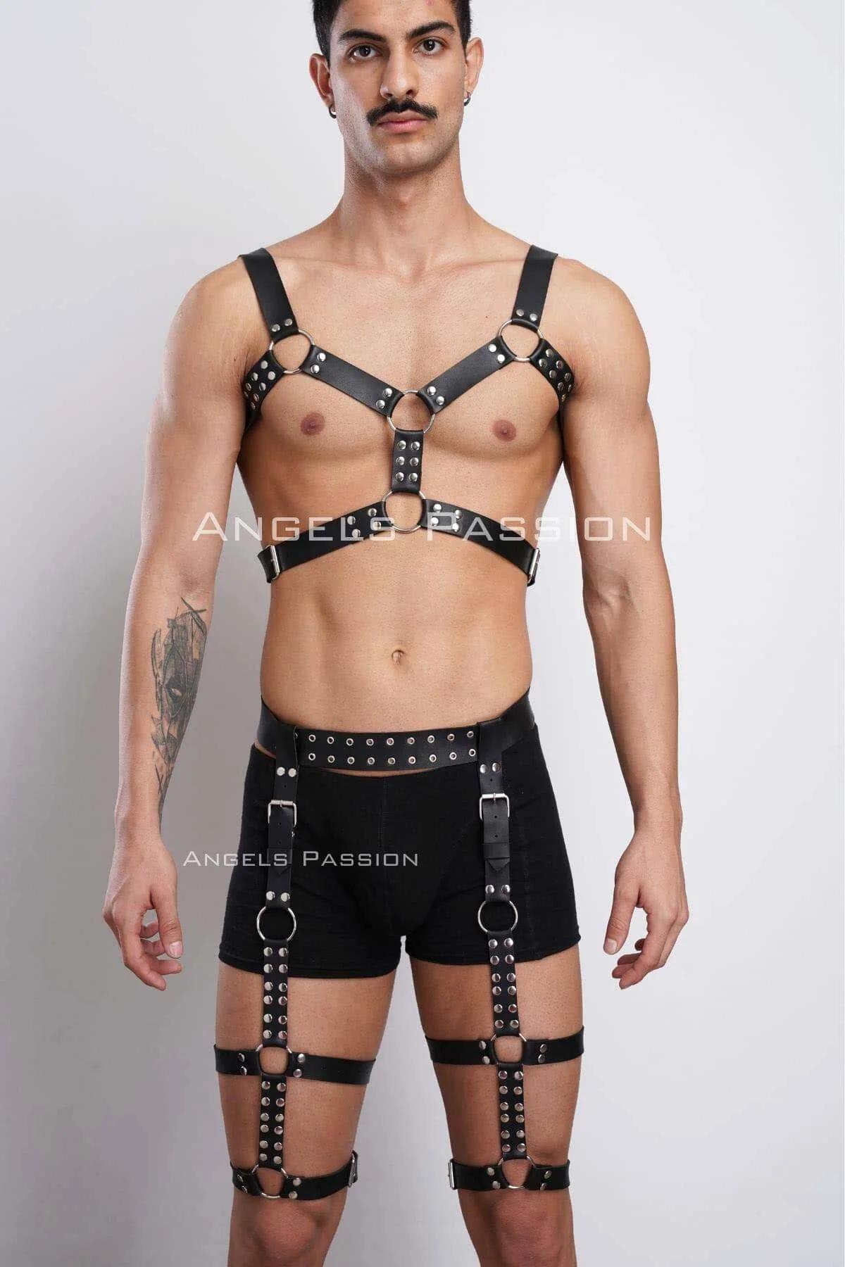 Men's Leather Harness Full Body Chest and Leg Suit
