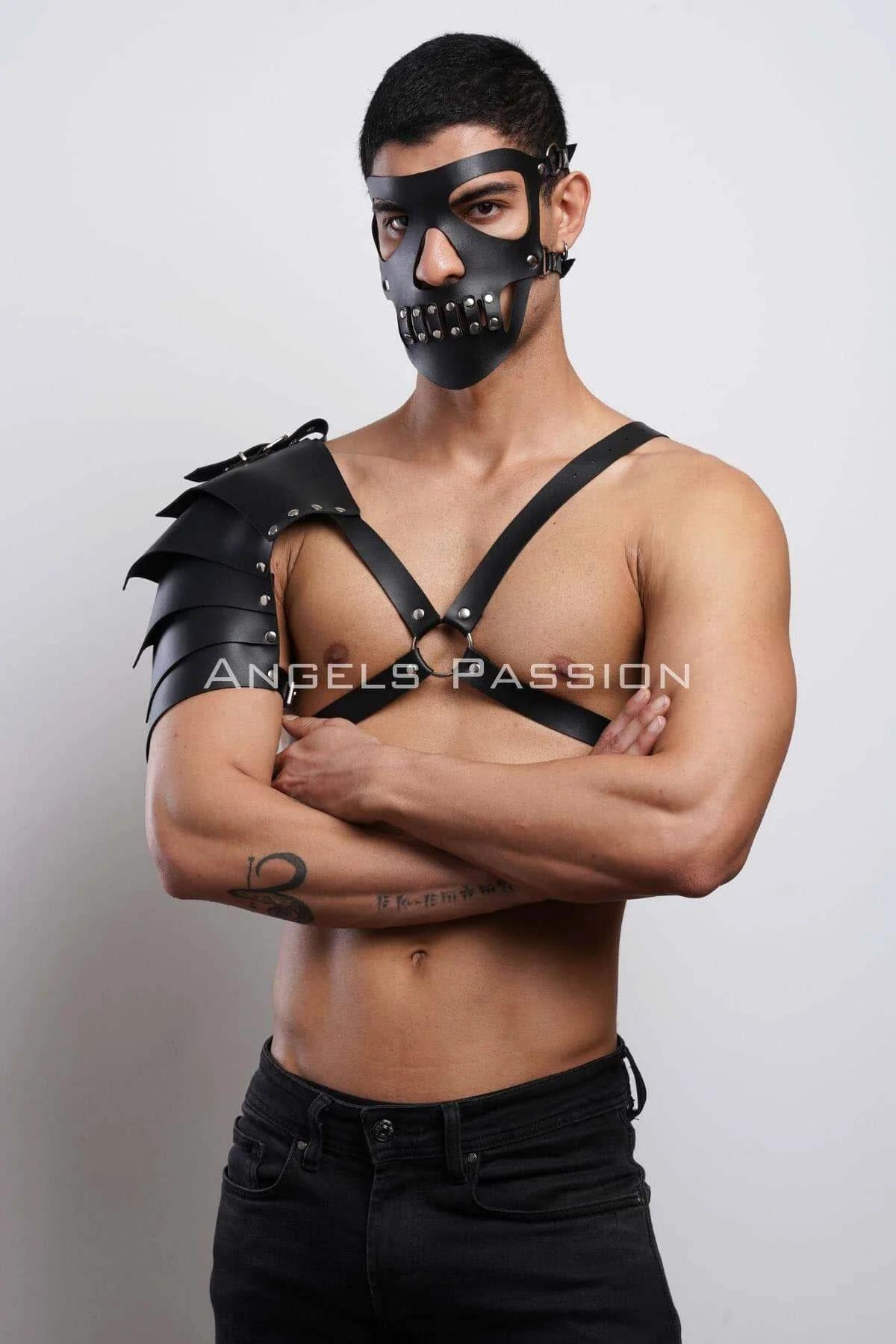 Mens Leather Harness Mask with Shoulder Armor & Studs
