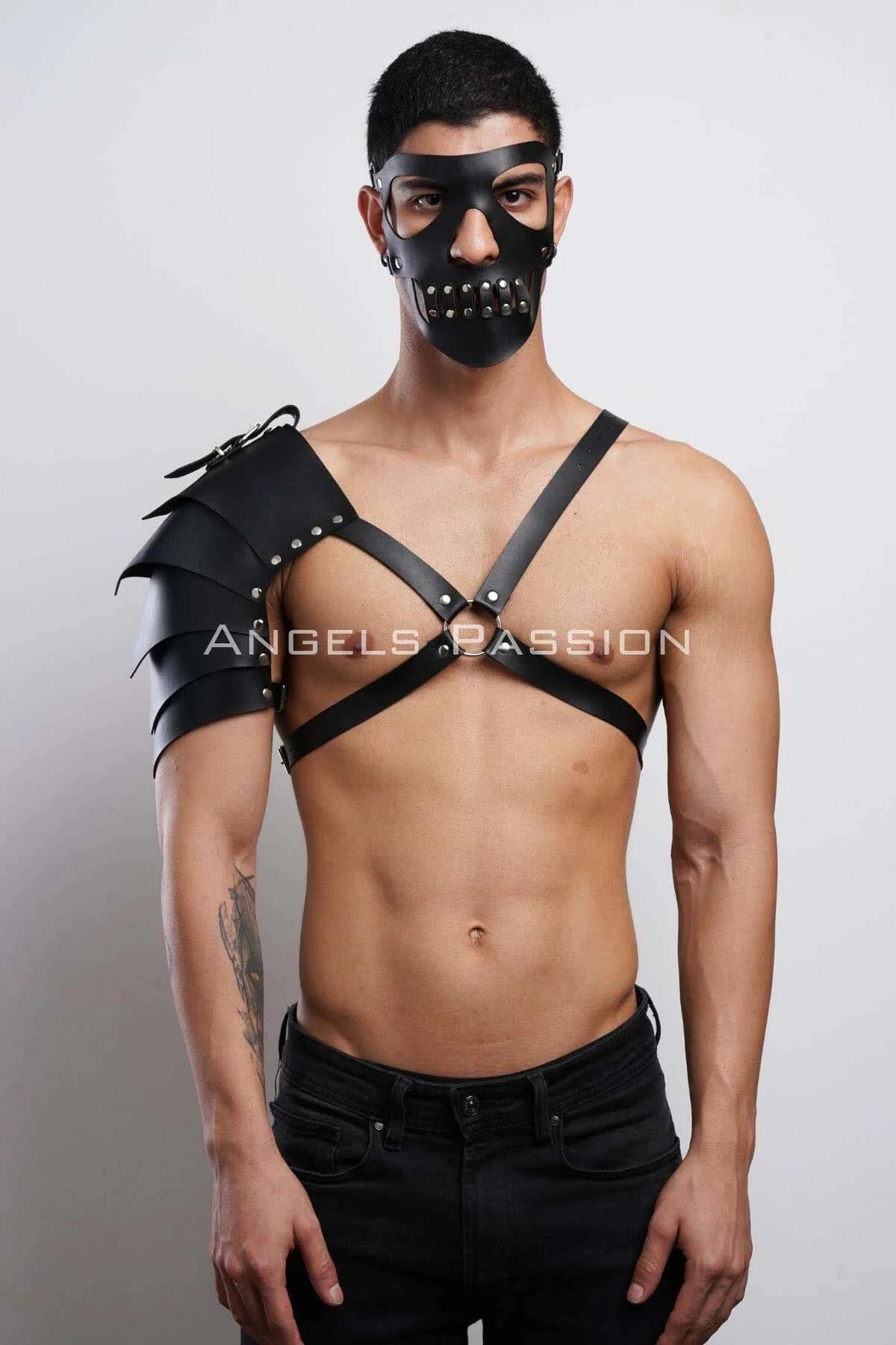 Mens Leather Harness Mask with Shoulder Armor & Studs