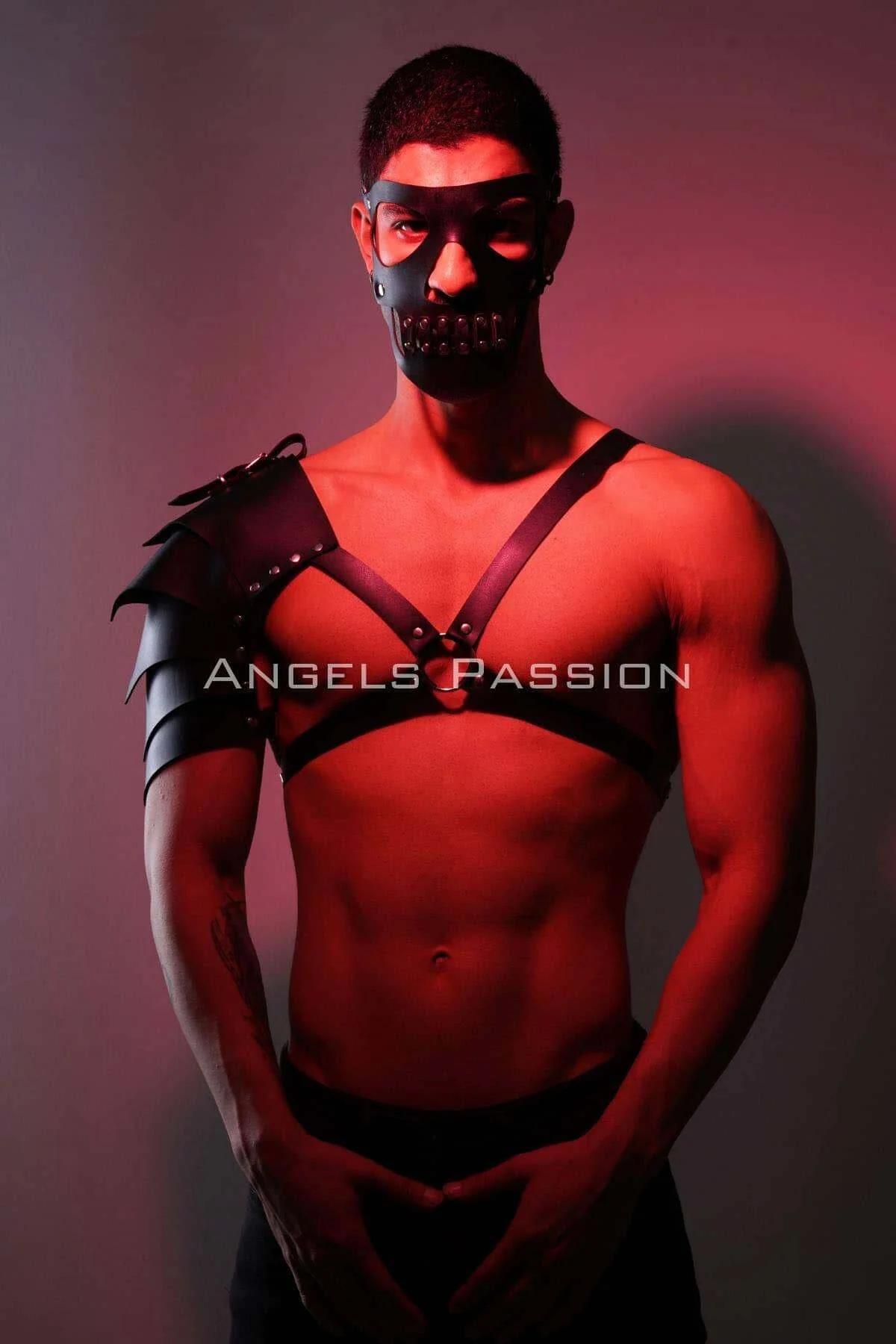 Mens Leather Harness Mask with Shoulder Armor & Studs
