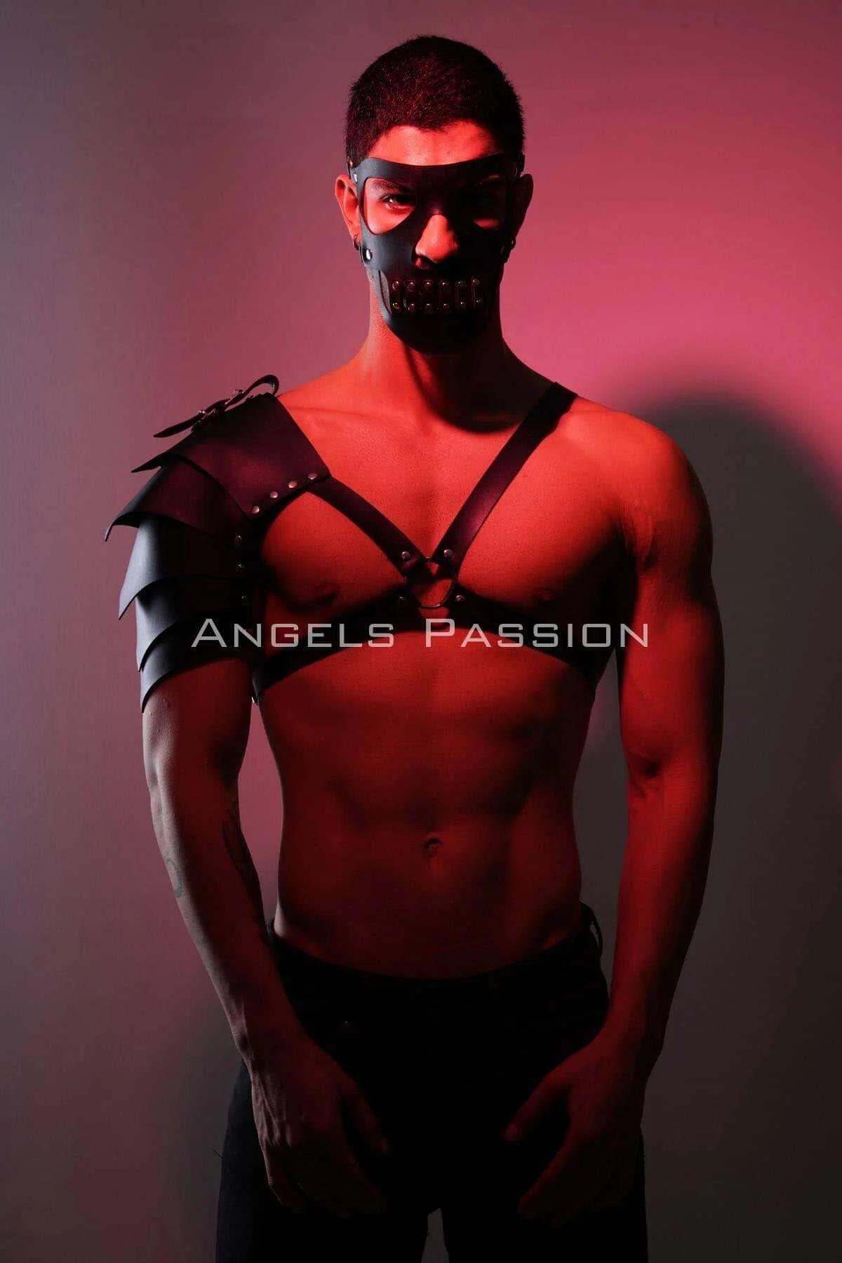 Mens Leather Harness Mask with Shoulder Armor & Studs