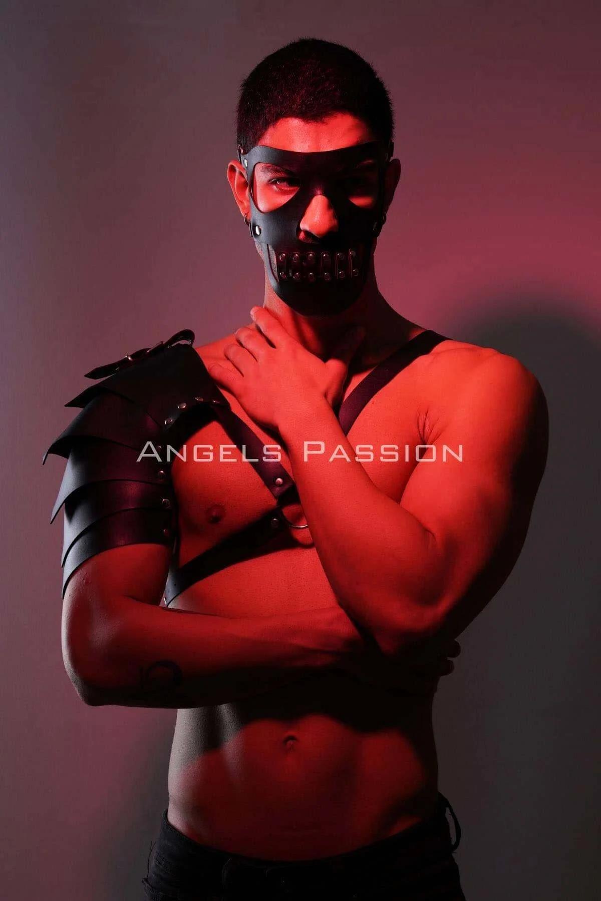Mens Leather Harness Mask with Shoulder Armor & Studs