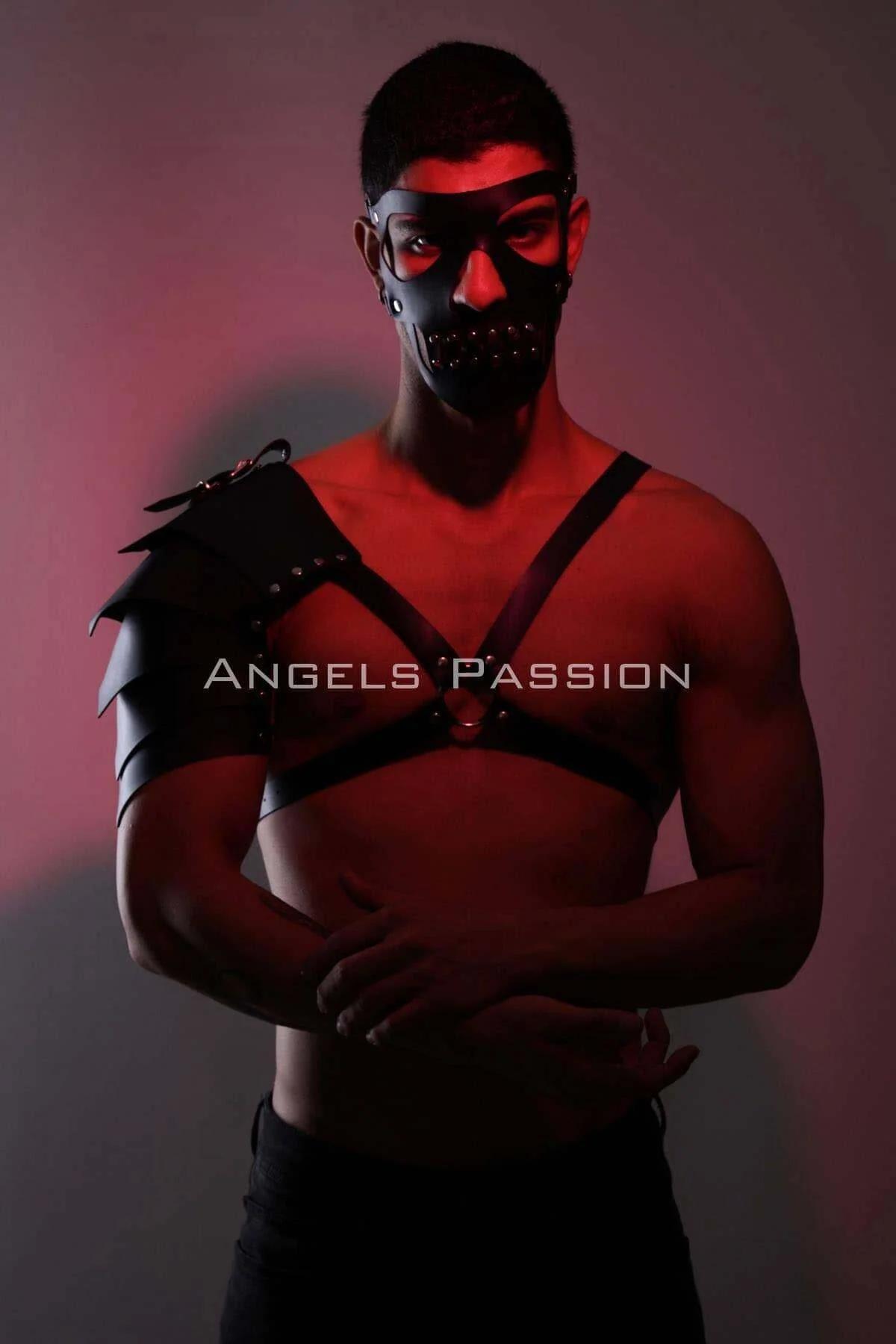 Mens Leather Harness Mask with Shoulder Armor & Studs