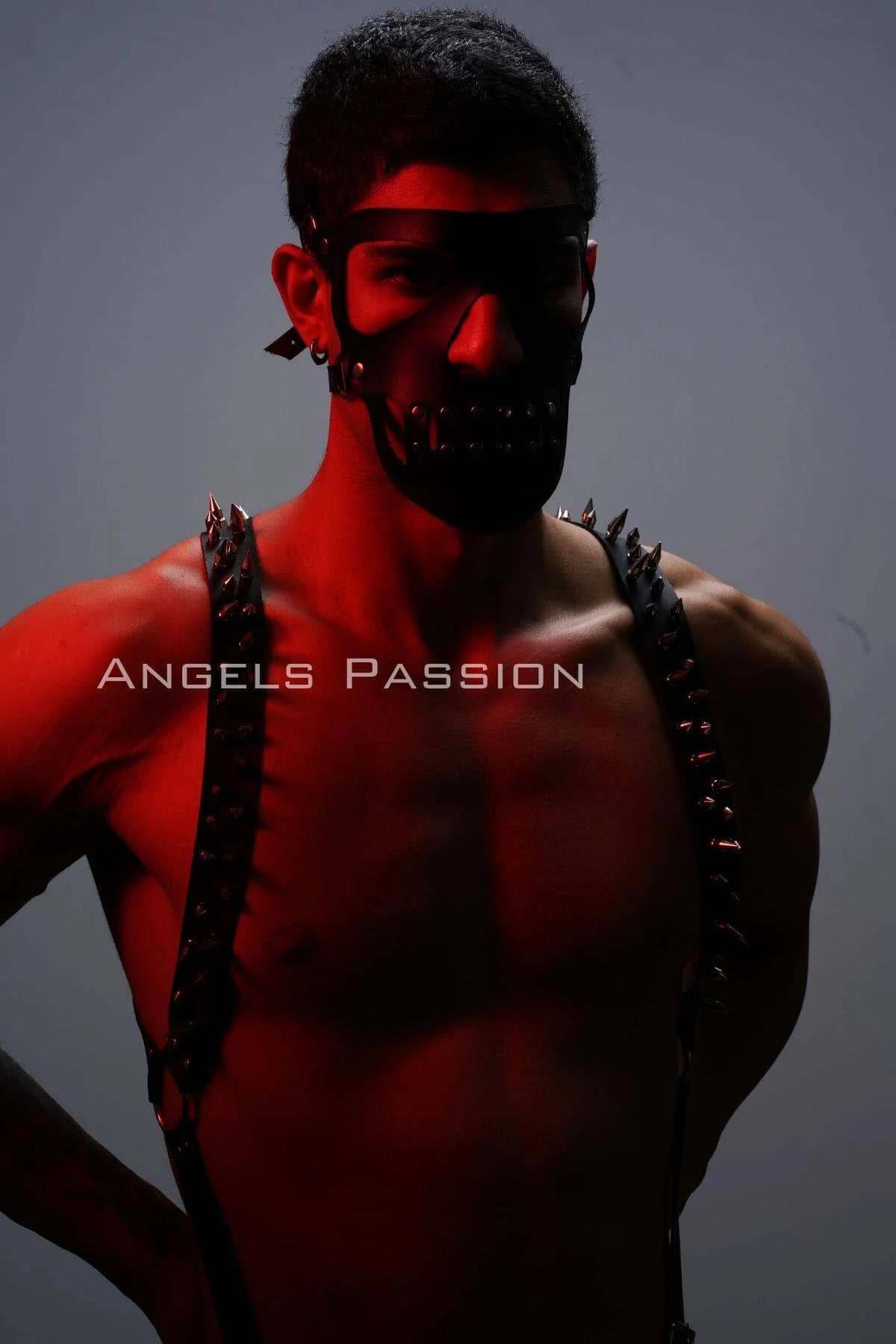 Men's Studded Leather Chest Harness and Mask Set