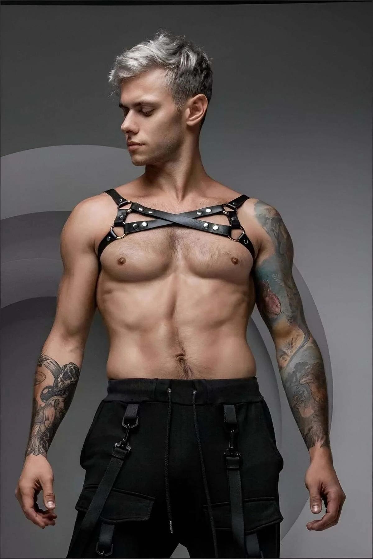 Men's Chest Harness Adjustable Black Faux Leather Body Strap