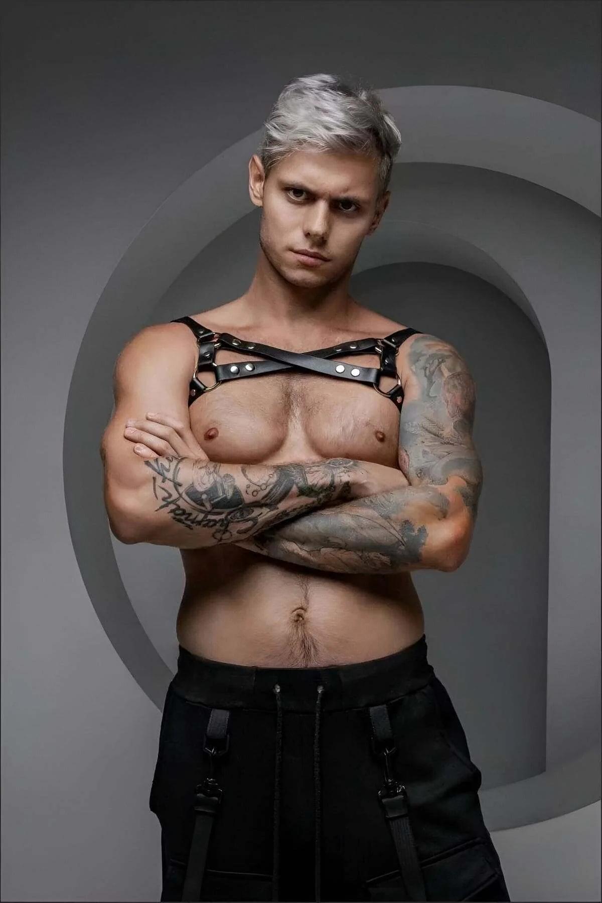 Men's Chest Harness Adjustable Black Faux Leather Body Strap