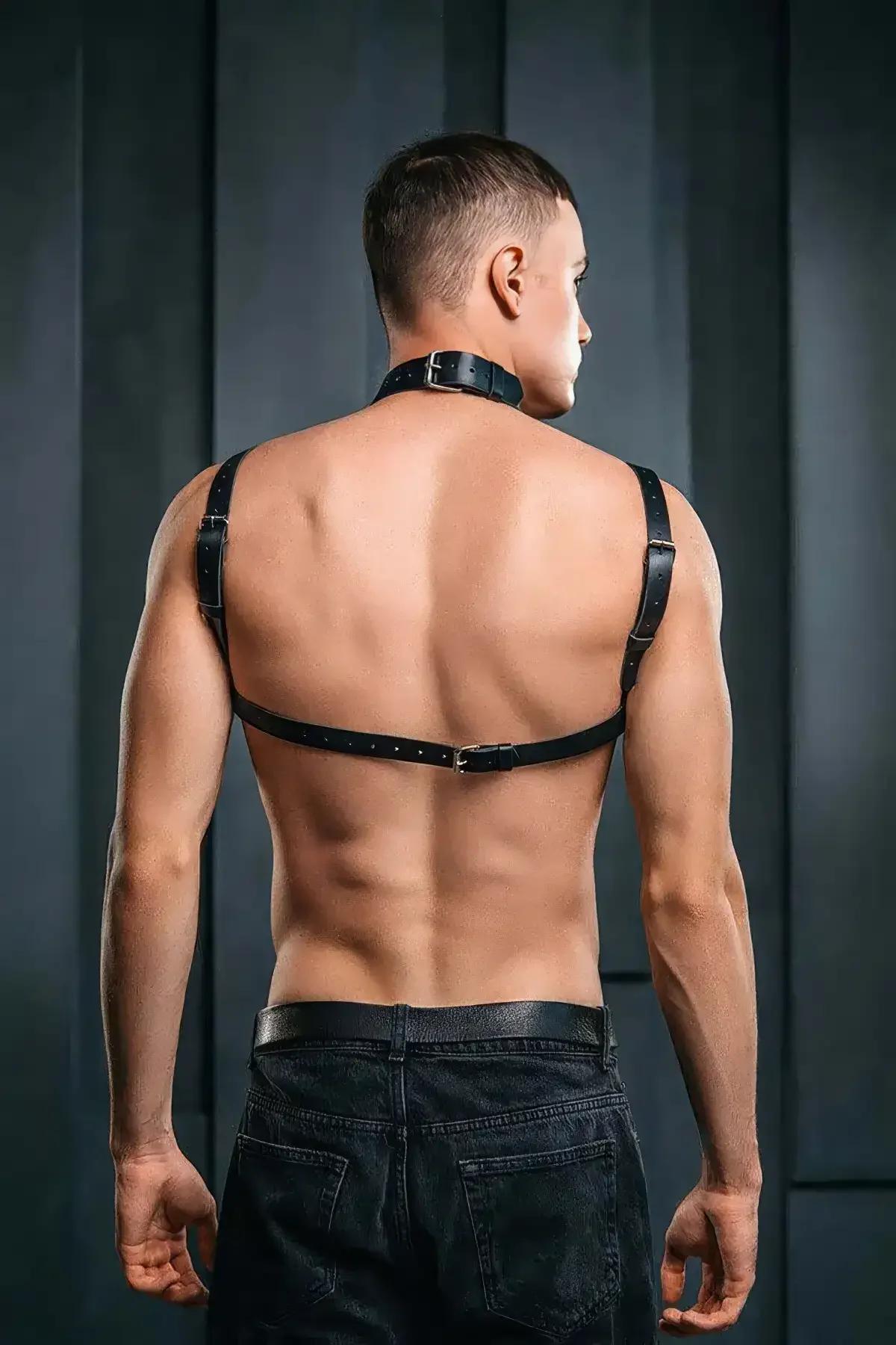 Mens Leather Harness - Adjustable Chest Body Straps with Collar