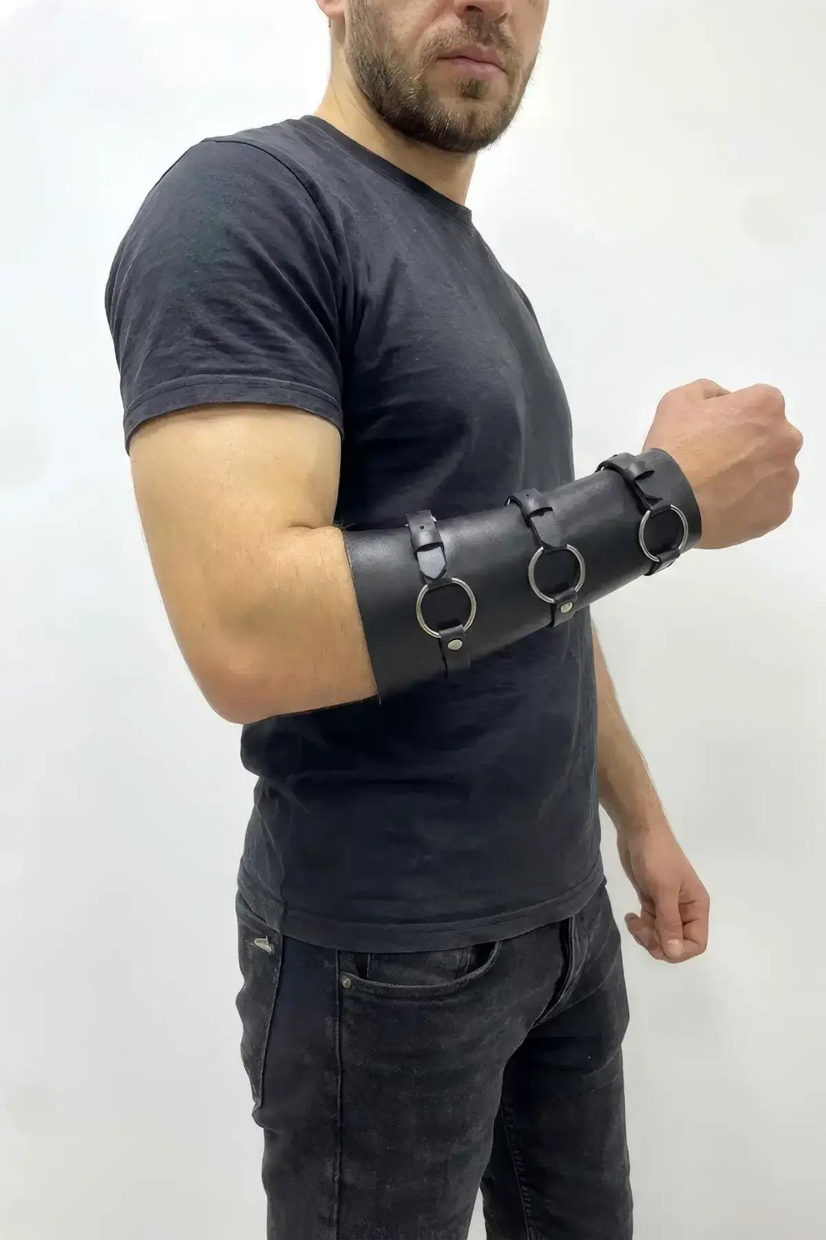 Men's Leather Arm Harness Cuff with Adjustable O-Rings