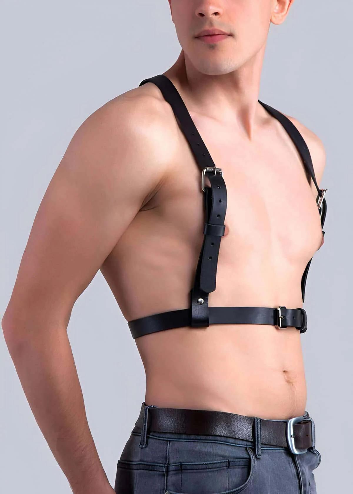 Men's Adjustable Leather Body Harness with Gold Buckles