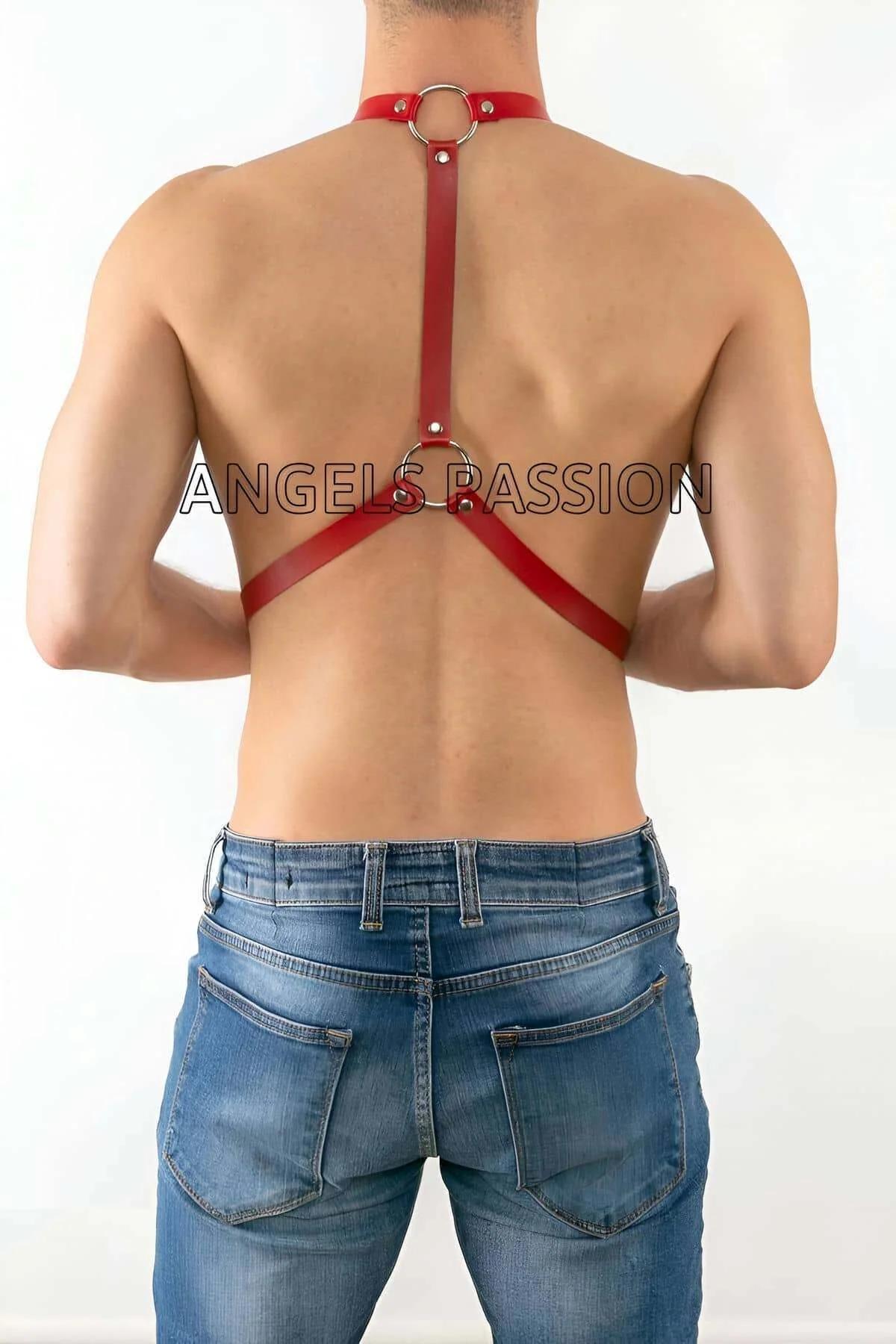 Mens Red Leather Adjustable Harness Chest Accessory
