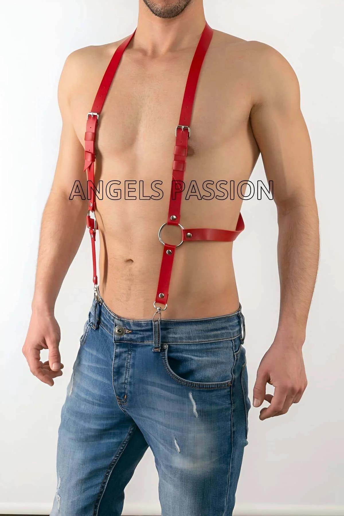 Mens Red Leather Adjustable Harness Chest Accessory