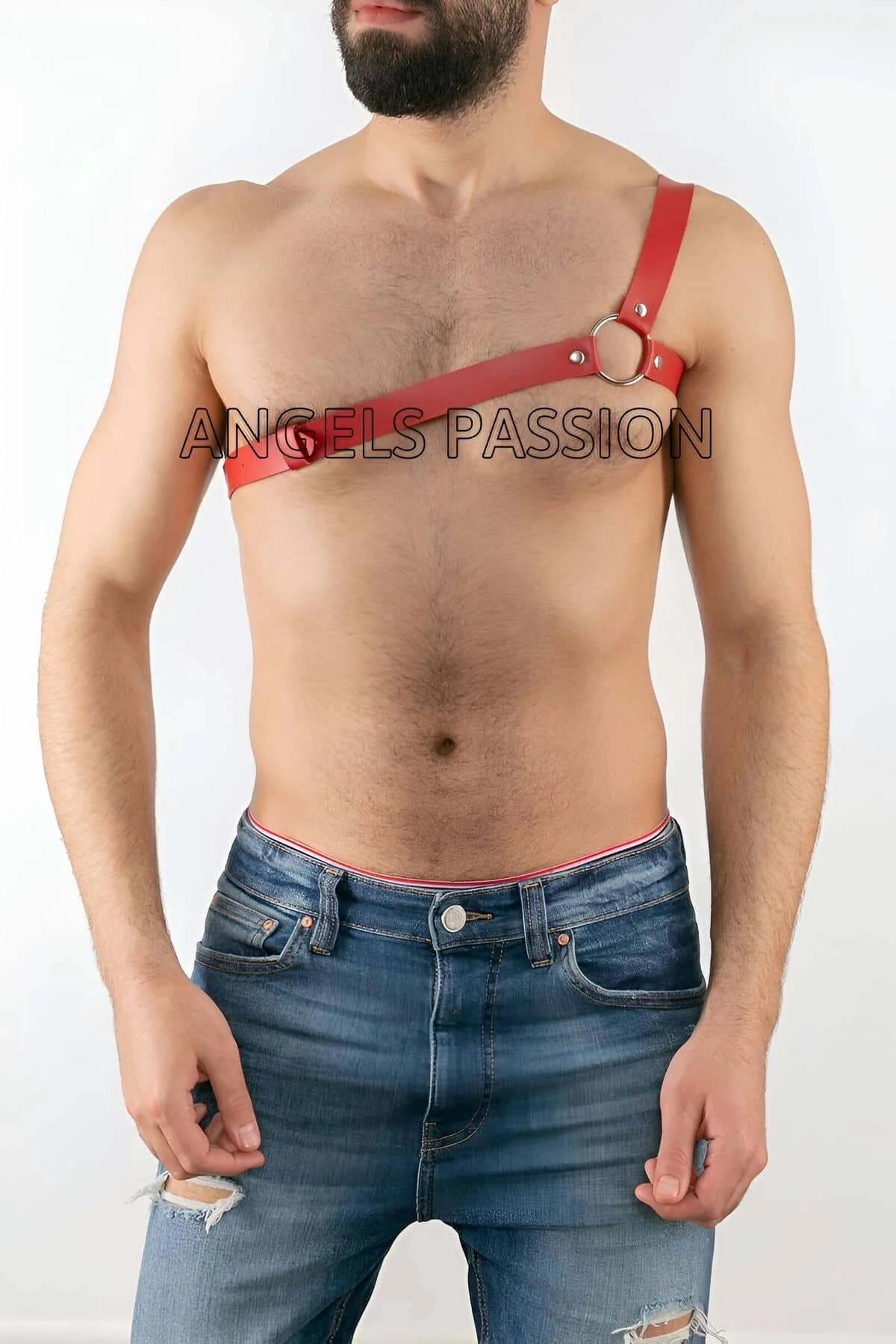 Men's Red Faux Leather One Shoulder Body Harness