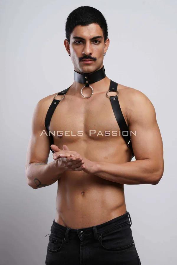 Mens Leather Harness with Adjustable Chest Straps & Choker