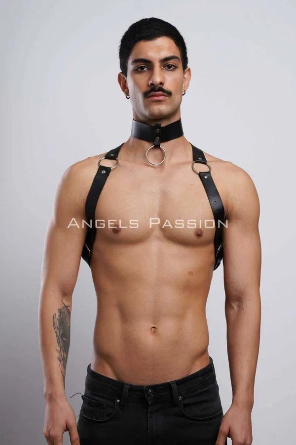 Mens Leather Harness with Adjustable Chest Straps & Choker