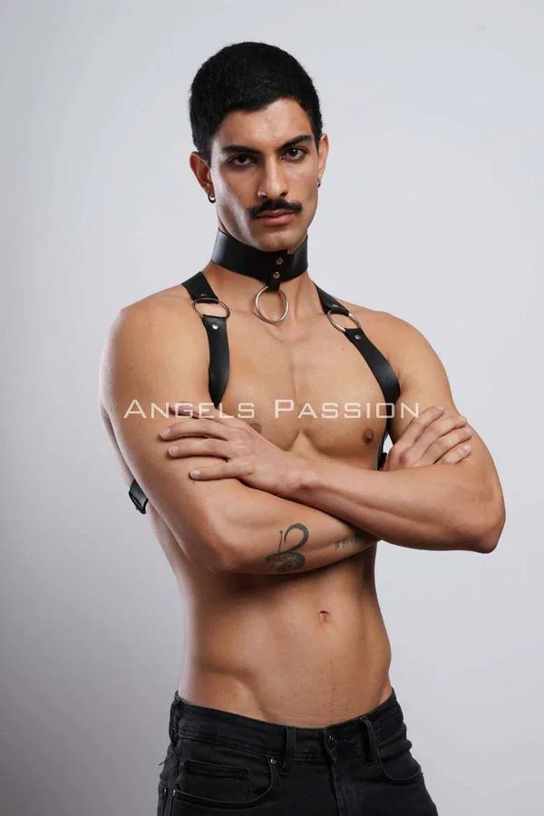 Mens Leather Harness with Adjustable Chest Straps & Choker