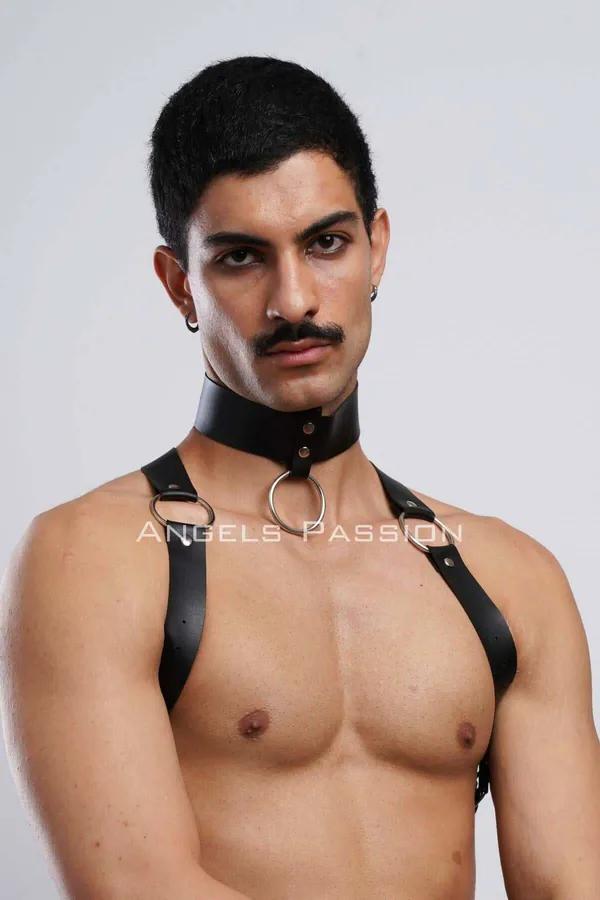 Mens Leather Harness with Adjustable Chest Straps & Choker