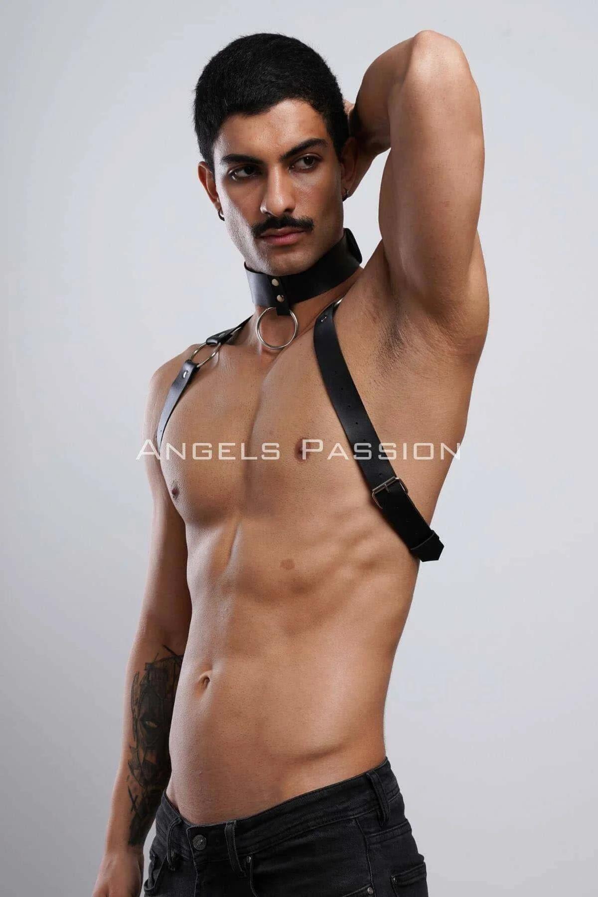 Mens Leather Harness with Adjustable Chest Straps & Choker