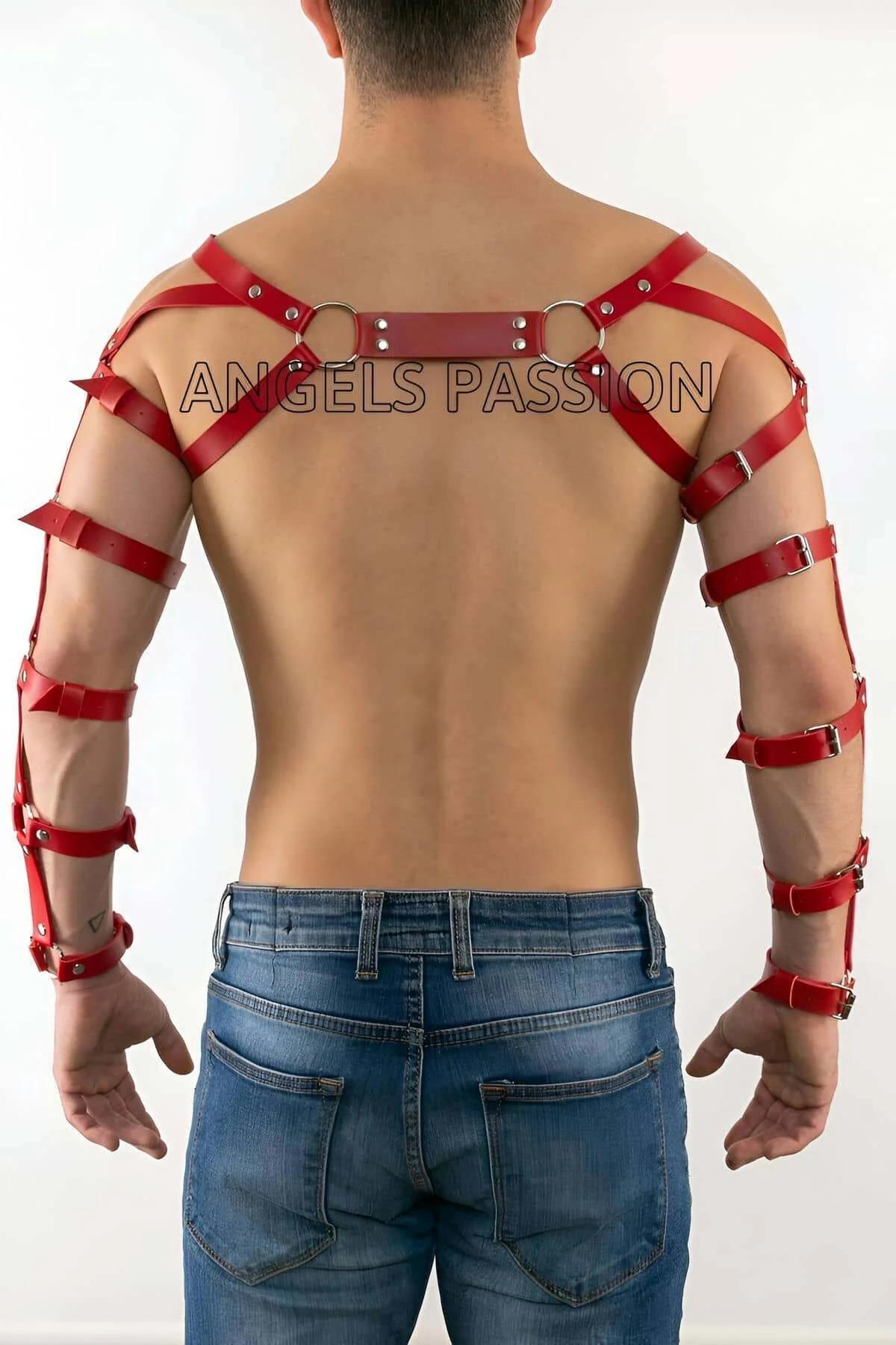 Men's Red Leather Arm & Chest Body Harness Adjustable