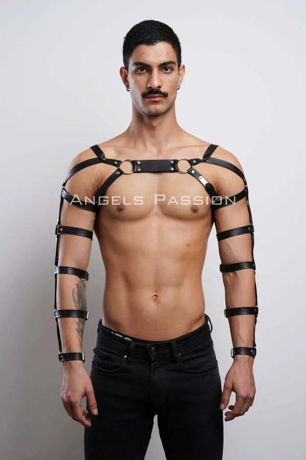 Faux Leather Chest Harness with Full Arm Straps