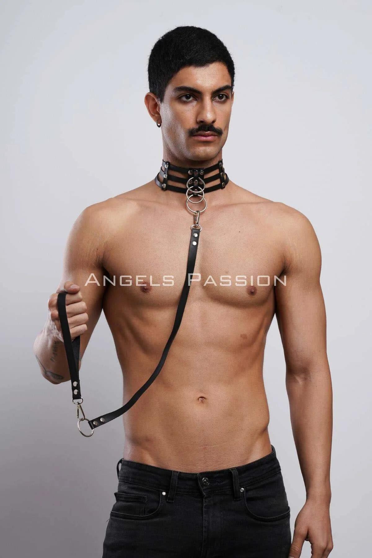 Mens Leather Collar and Leash Set - Adjustable Secure Fit