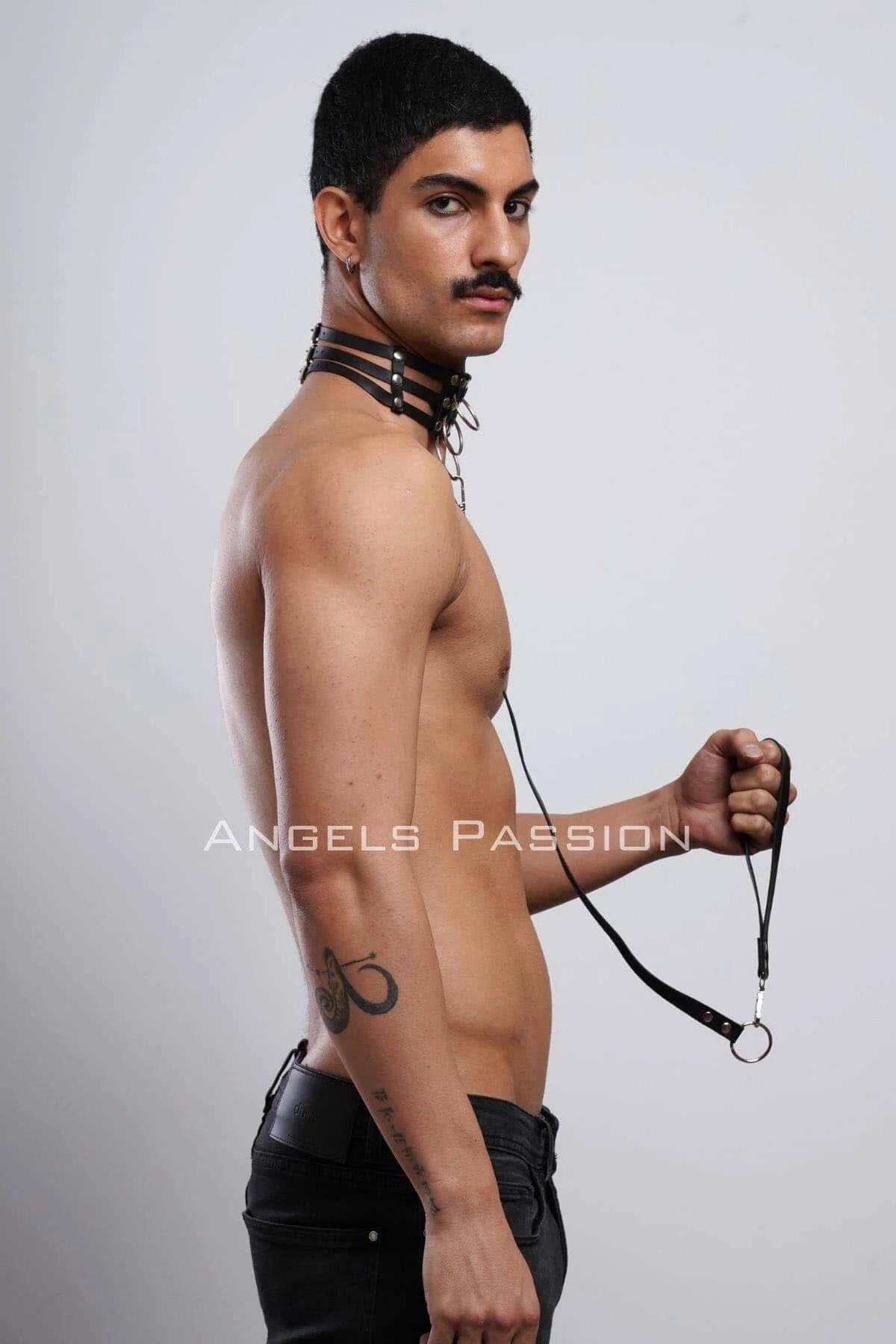 Mens Leather Collar and Leash Set - Adjustable Secure Fit