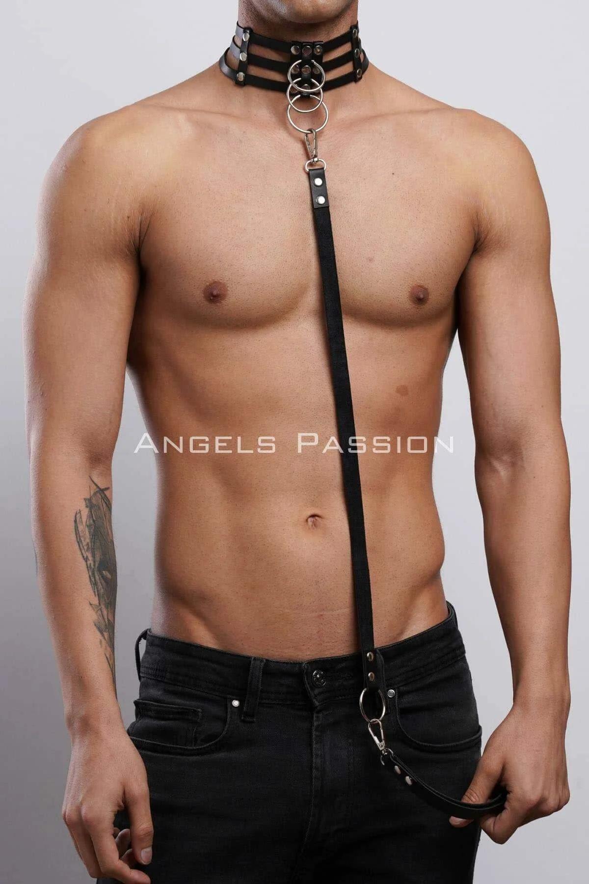 Mens Leather Collar and Leash Set - Adjustable Secure Fit