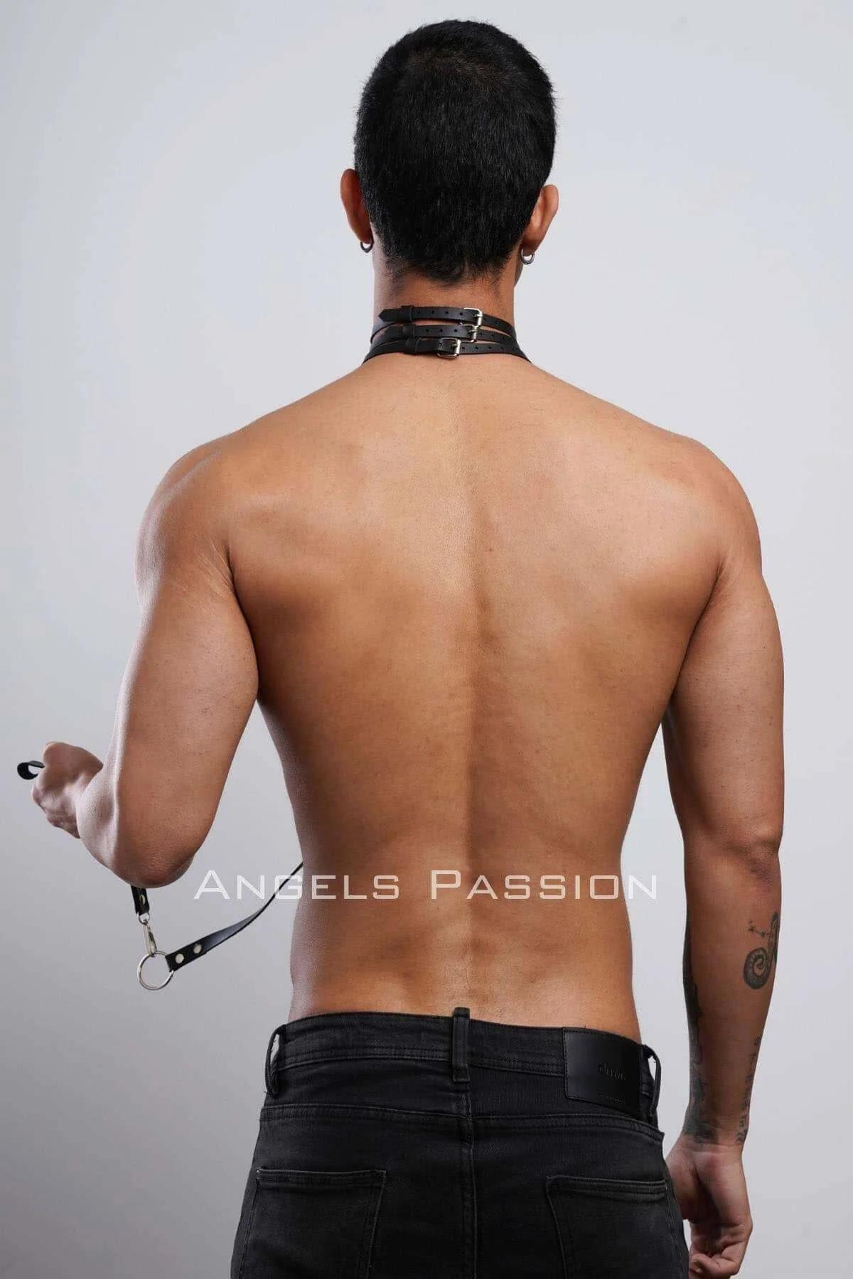Mens Leather Collar and Leash Set - Adjustable Secure Fit