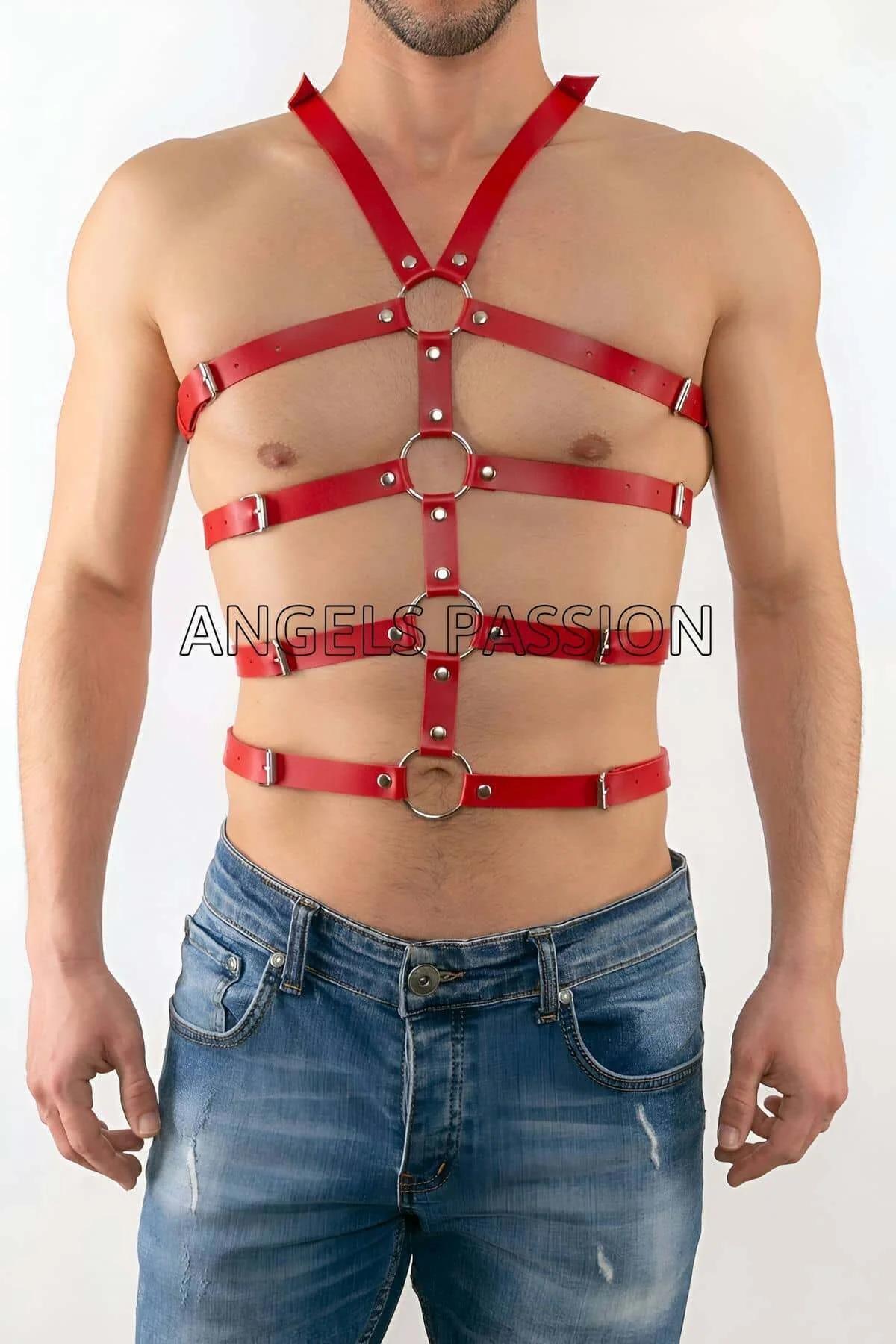 Men's Body Harness - Adjustable Red Faux Leather Style
