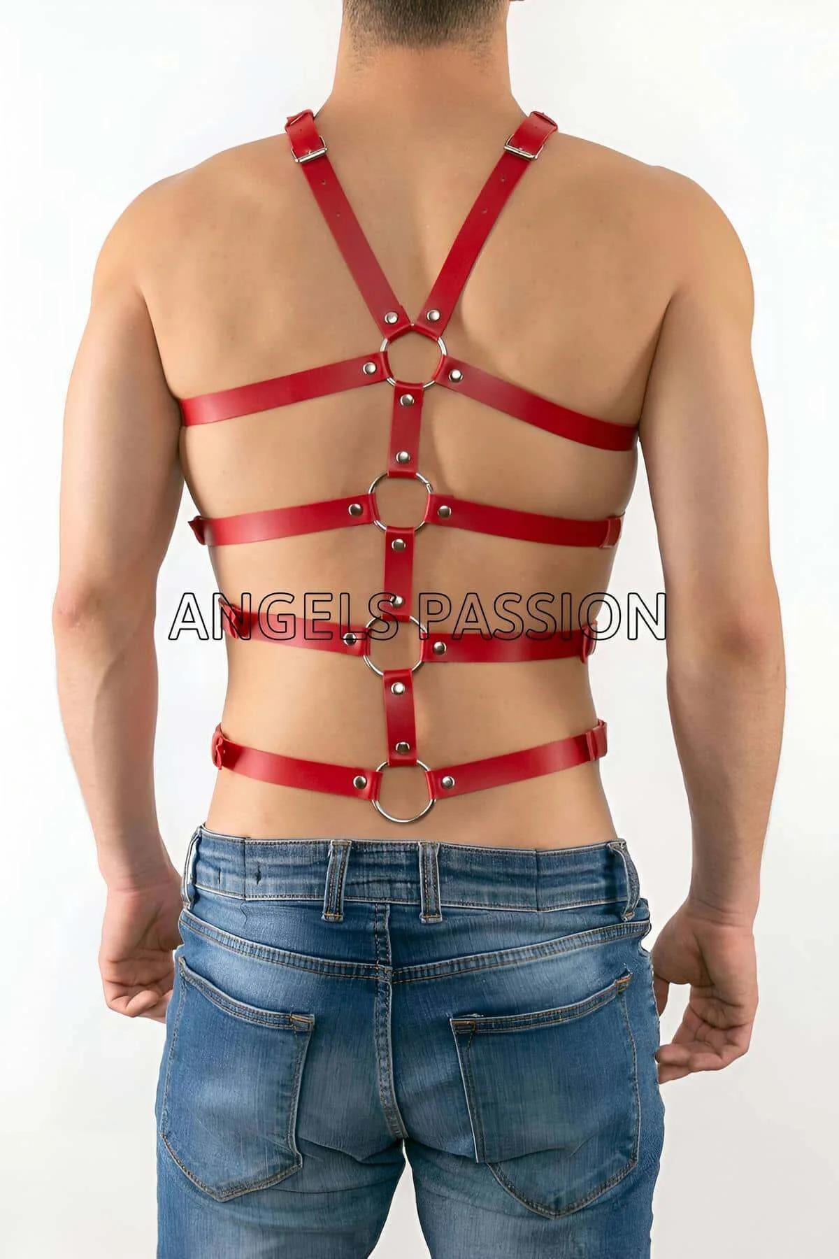 Men's Body Harness - Adjustable Red Faux Leather Style